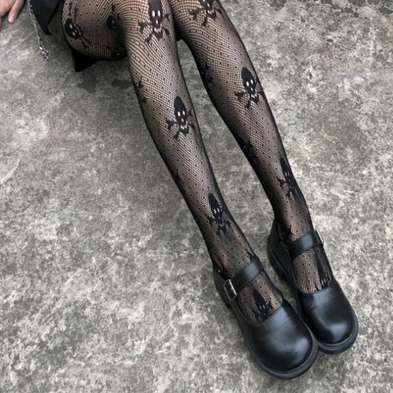 New Gothic Tights Skull Black Fishnet Lace Stockings – Classic