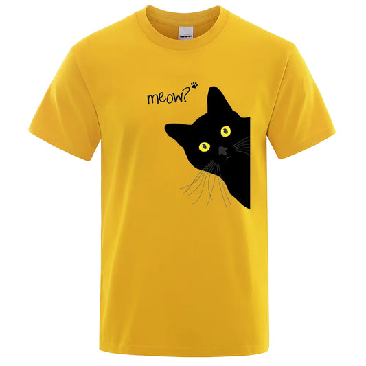 Meow Black Cat Funny Printing Men T-Shirts Breathable Tee C