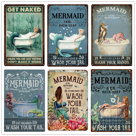 Vintage Mermaid Art Metal Poster Retro Tin Signs Bath Soap Decor Suitable for Bars Cafes Home Walls Decorative Metal Plates