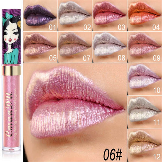 Cmaadu shimmer lip gloss diamond glitter lip tint waterproof long lasting 12 color gold flash liquid lipstick makeup