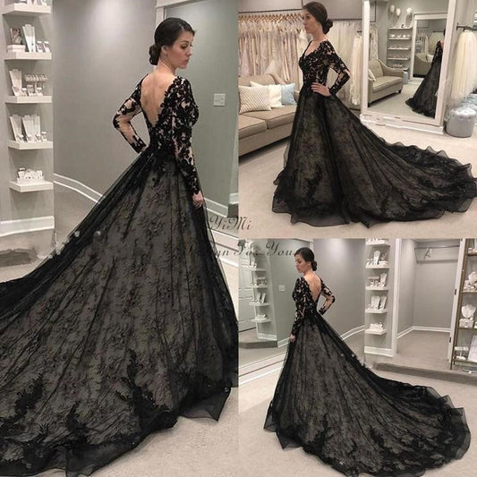 Black Gothic Wedding Dresses 2021 Long Sleeve V Neck Sweep Train Lace Illusion Bodice Garden Country Bridal Gowns robes de marié