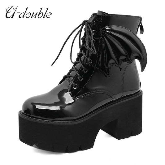 U-DOUBLE New Arrival Heel Ankle Boots Women Big Size 42 Brand Woman Shoes Winter Thick-Bottom Patent Leather Black Martin Boots