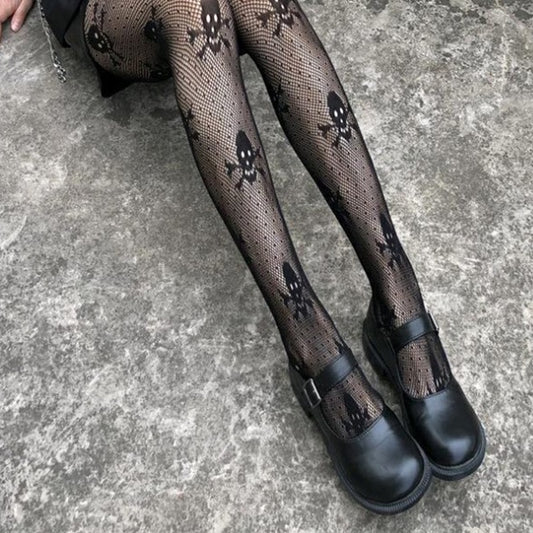 New Gothic Tights Skull Black Fishnet Lace Stockings