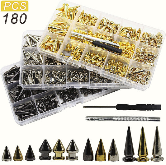 180/80 Sets Punk Rivet Screw Back Studs and Spikes Kit with Tools Leather Craft Bullet Cone DIY for Leather collar Bracelet