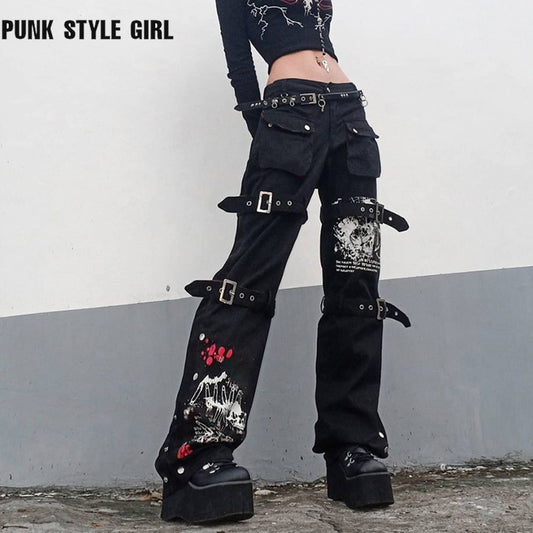 Gothic Emo Alt Cargo Pants Techwear Hippie Baggy Jeans Mom Goth Punk Black Denim Trousers