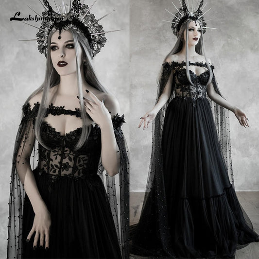 Lakshmigown Dark Fairytale Gothic Black Wedding Dresses With Cupped Corset Bodice Wedding Cloak
Head Piece not included