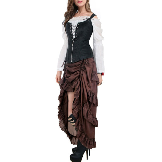 Plus Size Victorian Gothic Steampunk Midi Skirt Sexy High-Low Ruffles Vintage Elasticity Pleated Corset  Skirts