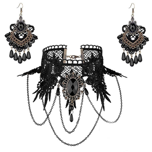 Handmade Exaggerated Jewelry Set Gothic Jewelry Black Lace Necklace &amp; Earring Women