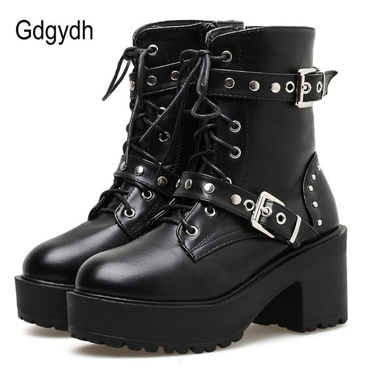 Rivet Autumn Boots Women Platform Boots Black Leather Gothic Punk Style Combat Boots For Women Mid Heels Comfortable