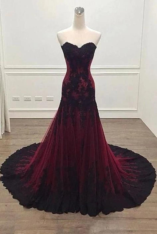 Vintage Black and Burgundy Red Gothic Wedding Dress Mermaid Sweetheart Lace Tulle Non White Victorian Bridal Gowns Bride Dresses