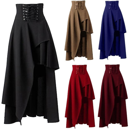 Steampunk Vintage Women Ladies Maxi Skirt Solid color Lace Up High Waist Irregular Mid-calf
