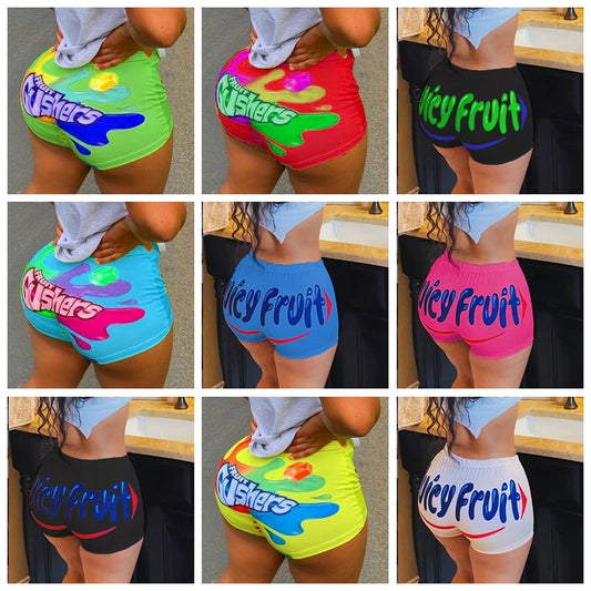Fashion Trend Color Letter Printing High Waist Elastic Ladies Large Candy Snacks Shorts Women's Shorts