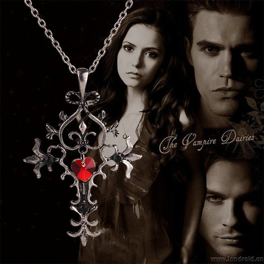The Vampire Diaries Necklace Cross Red Heart Crystal Pendant Vintage Baroque Gothic
