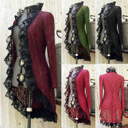 Gothic Vintage Women Medieval Steampunk Stand Collar Coat Lace Up Cardigan Jacket Dress Slim Fit Long Sleeve