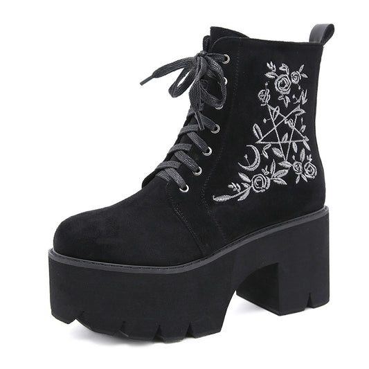 Flower Platform Boots Chunky Punk Suede Leather