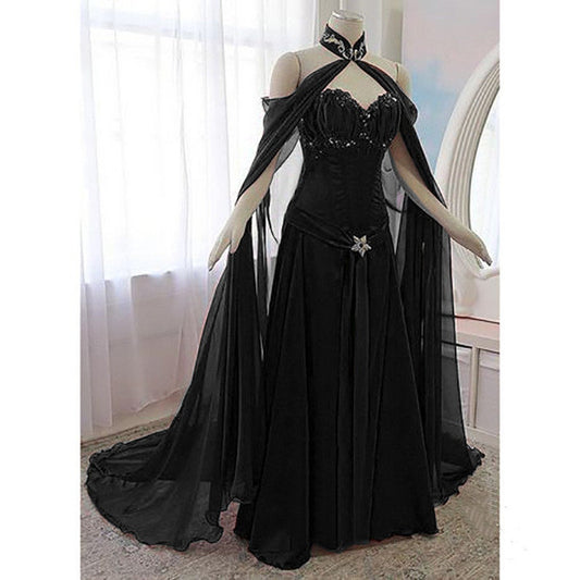 Vintage Medieval Evening Dress With Long Wrap Sweetheart Black A Line Renaissance Victorian Gothic Prom Party Gown For Women