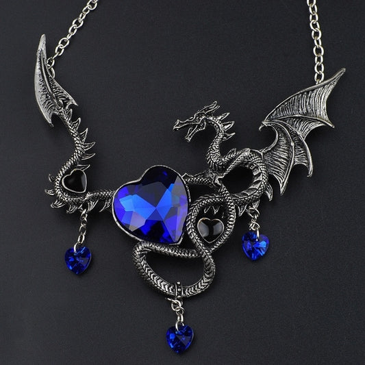 Gothic Heart-Shaped Pendant Necklace Zircon Inlaid Fashion Jewelry Dragon Personality