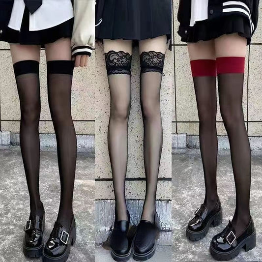 Costumes Women Sexy Thigh High Fishnet Stockings Lolita Girls Gothic Punk Transparent Over Knee Red Wide Edge Long High Socks