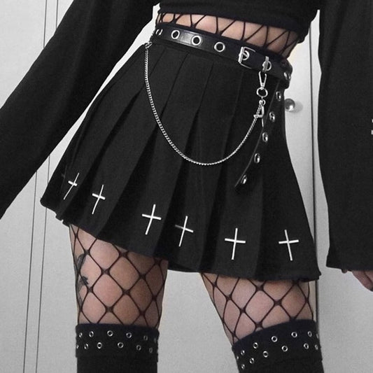 Black High Waist Mini Skirts Punk Pleated Vintage Skirt Gothic Streetwear Cross Print  Skirts Lolita  Skirt