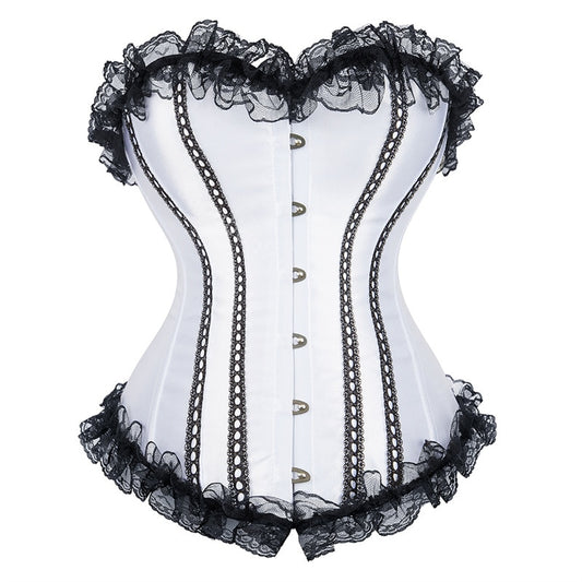 White Corset Bustier Top with Lace Up Trim Satin Overbust Plus Size