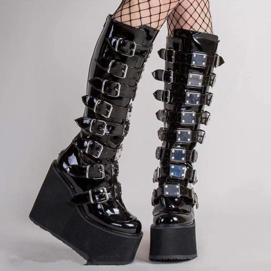 Knee High Boots Gothic Platform Creepers Punk Winter Goth Black High Heels Sexy Ladies Shoes Plus Size 41 42 43