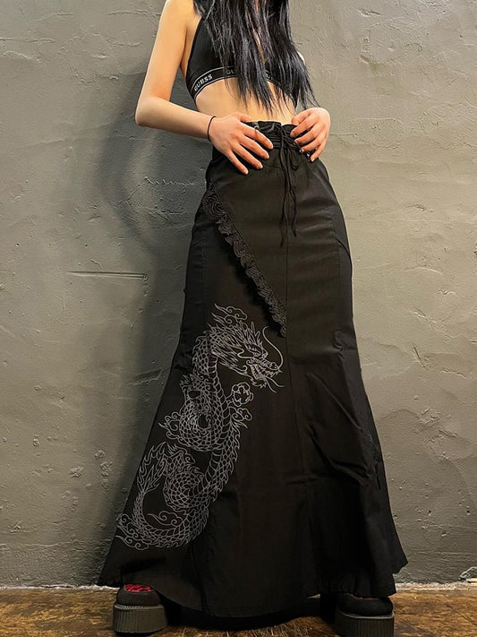 Dark Academic Midi Skirts Dragon Print Grunge Fairycore Skirt Gothic Bnadage High Waist Black Cloth