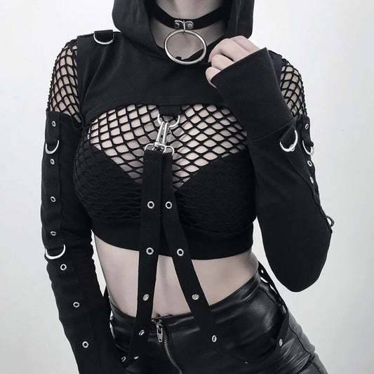 Grunge Dark Cold Shoulder Black T-shirts  Lace Up Skinny Crop Top Cut Out Sexy Shirts Gothic Clothes