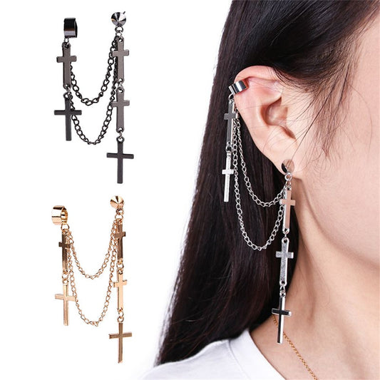 1pc Retro Punk Styles Cross Tassel Chains Ear Cuff Earrings For Women Girls Gothic Multi-Layer Tassel Earrings Hip Hop Jewelry