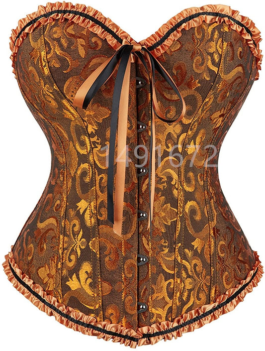 Corset Bustier Top Yellow Sexy Women&#39;s Plus Size Overbust Corselet Lace up Floral Gothic Brocade Vintage Fashion Medieval