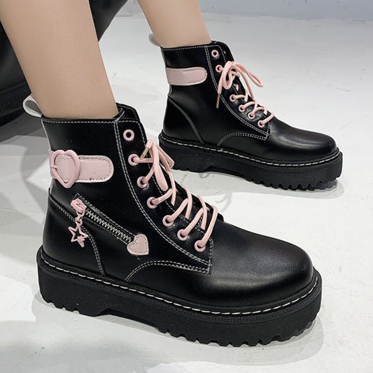 2022 New Women&#39;s Boots Thick Sole PU Leather Lace Up Square Heel Round Toe Solid Color New Women&#39;s Boots Gothic Motorcycle Boots