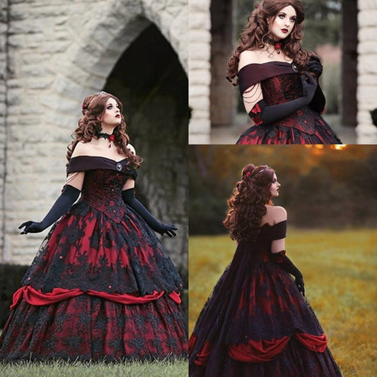 Gothic Belle Red Black Lace Wedding Gown Vintage Lace-up Corset Strapless Tiered Beauty Off Shoulder Plus Size Bridal Gown